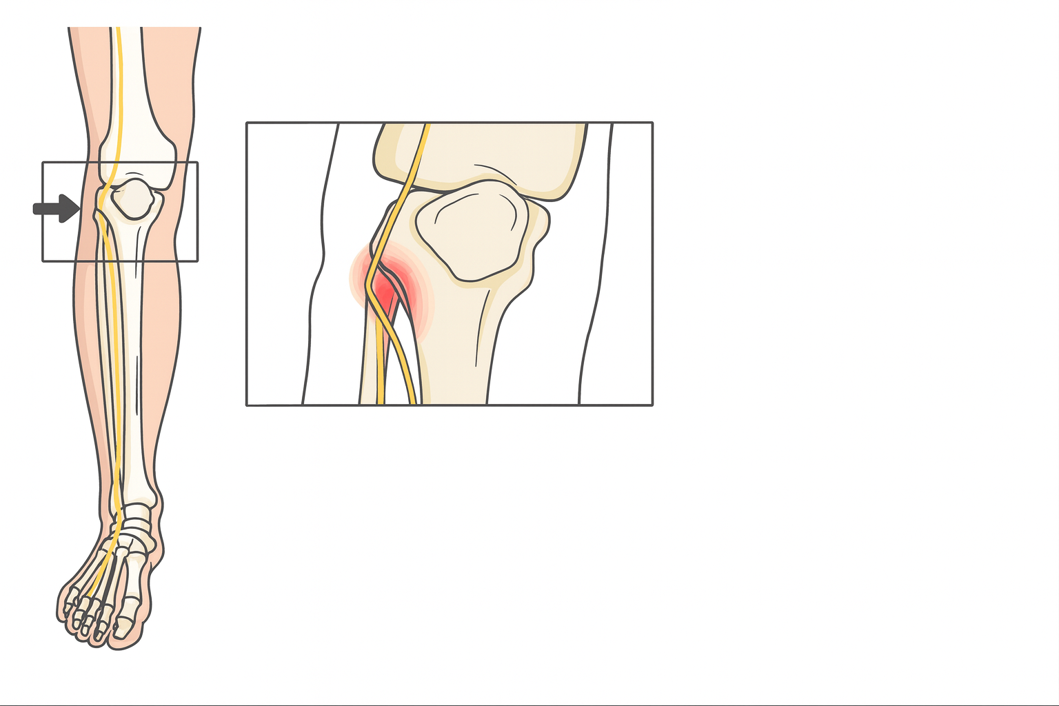 Diagram van een been met zenuwen en een zoom op de knie die irritatie bij de zenuw toont, oorzaak van klapvoet.