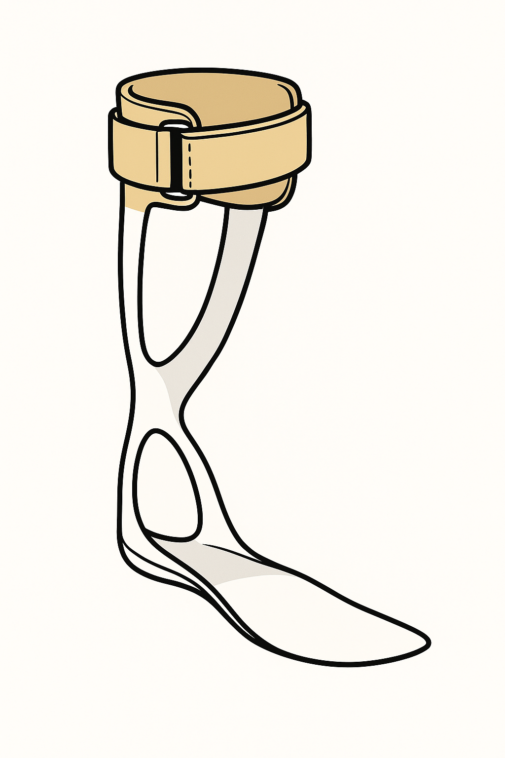 Illustratie van een enkel-voet-orthese (EVO) met beige bandje, voor steun bij klapvoet of peroneus neuropathie.