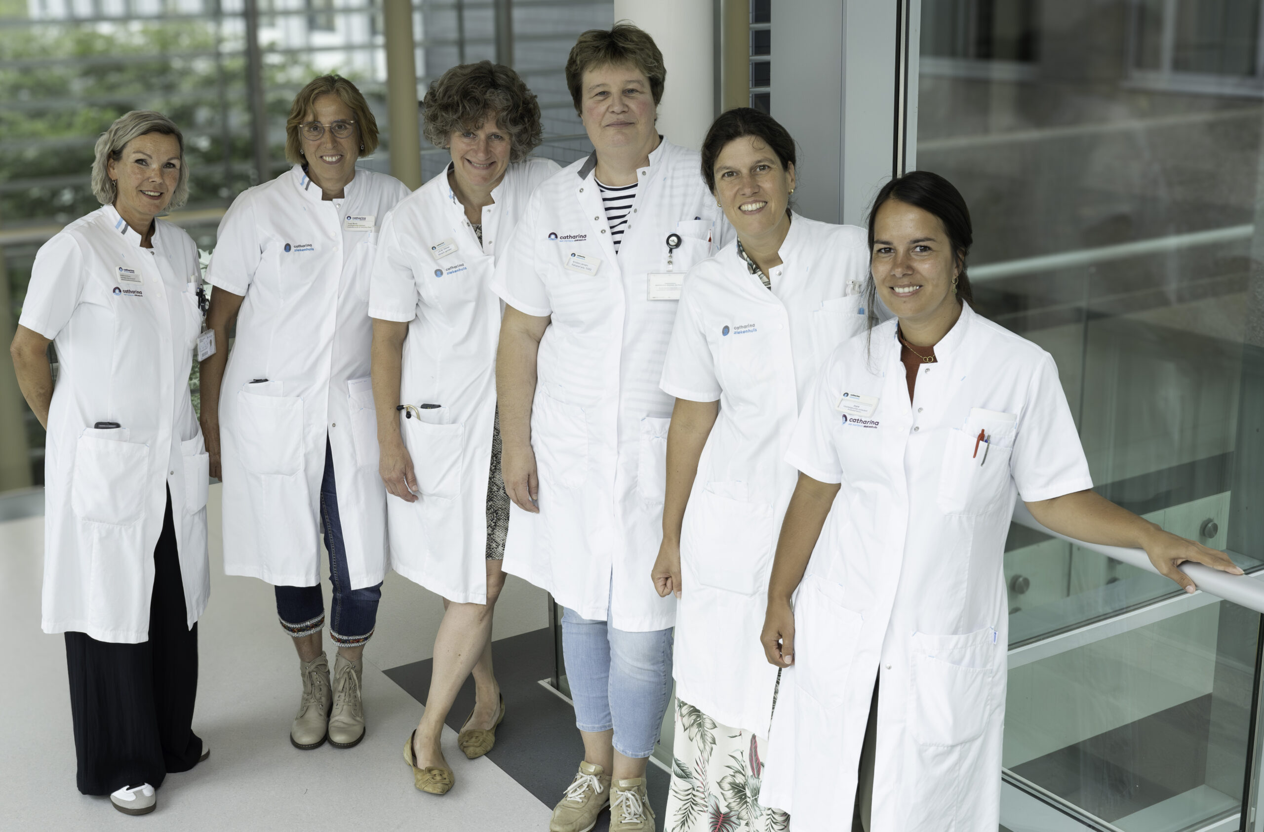 Zes artsen staan binnen bij een groot raam en lachen naar de camera. Ze werken in palliatieve zorg.